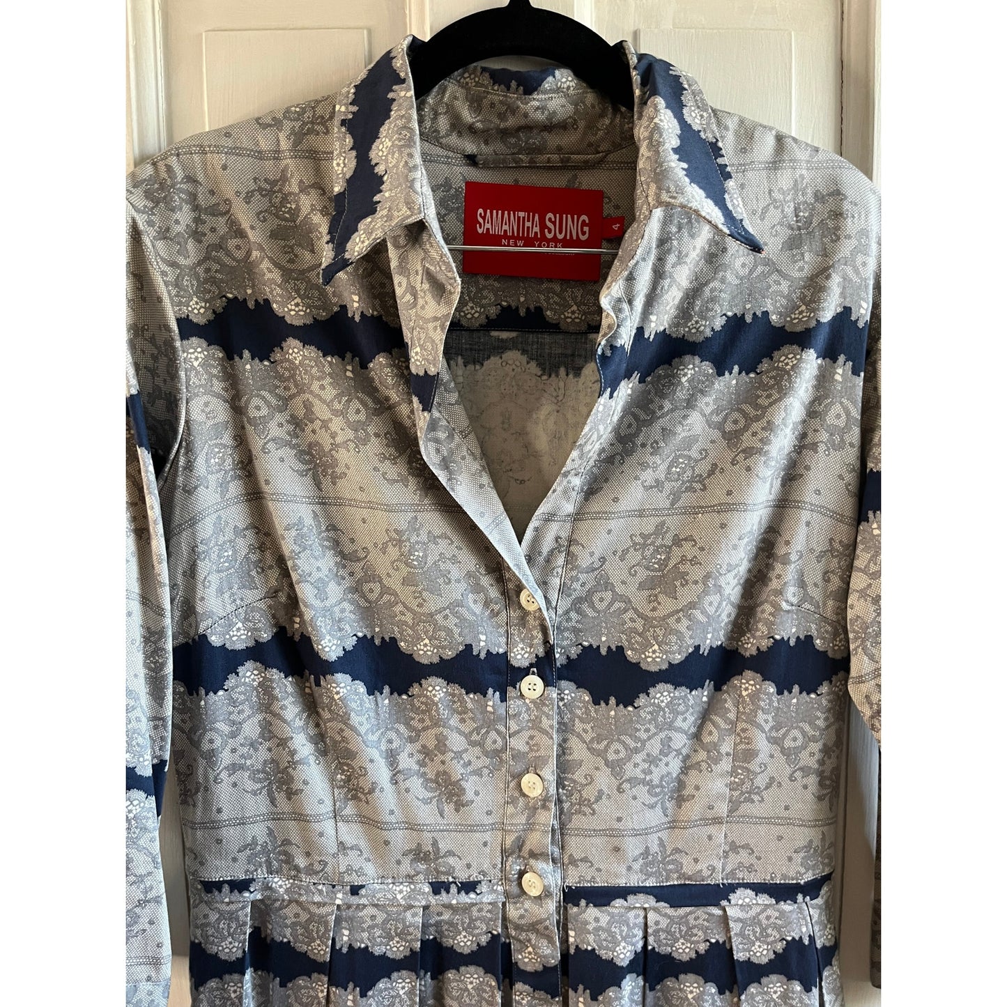 Samantha Sung Audrey Cotton Shirt Dress | Blue & Grey Lace Batik Print | Size 4