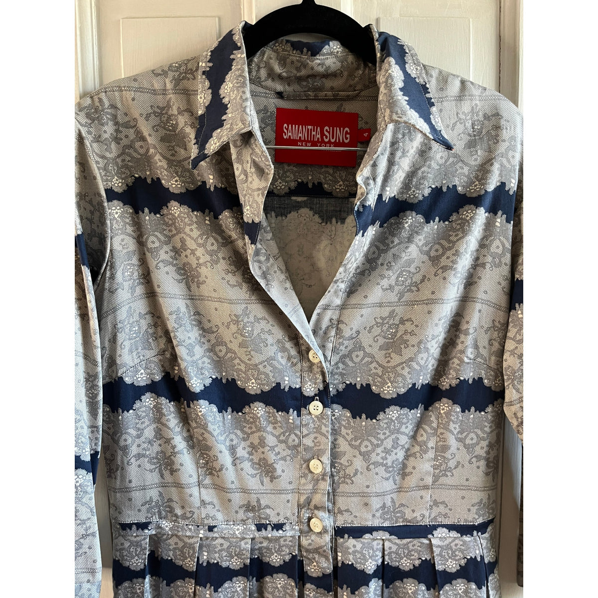 Samantha Sung Audrey Cotton Shirt Dress | Blue & Grey Lace Batik Print | Size 4