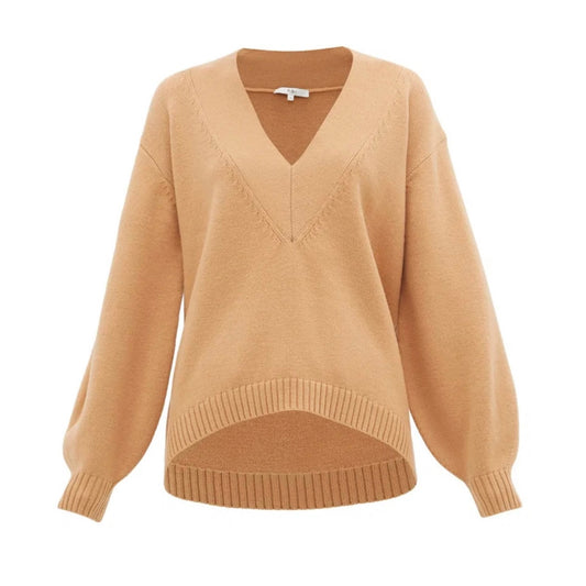 Tibi Merino Wool Blend V-neck Puff Sleeve Camel Sweater - Size Small