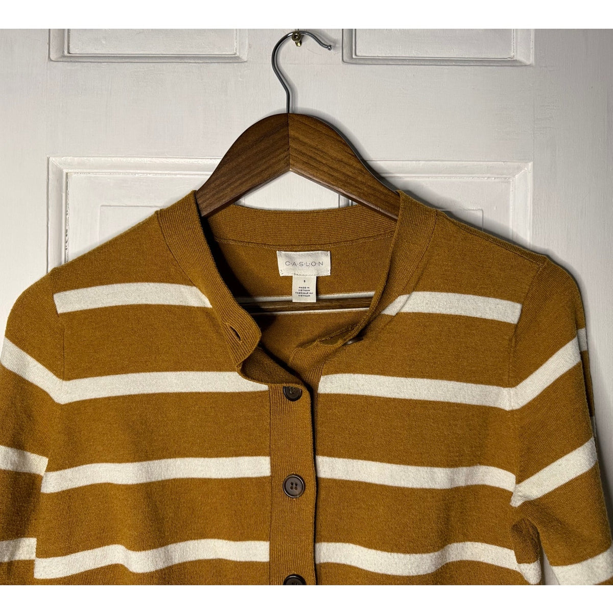 Calson Classic Crewneck Cardigan In Brown Gold Renee Stripe Size Small