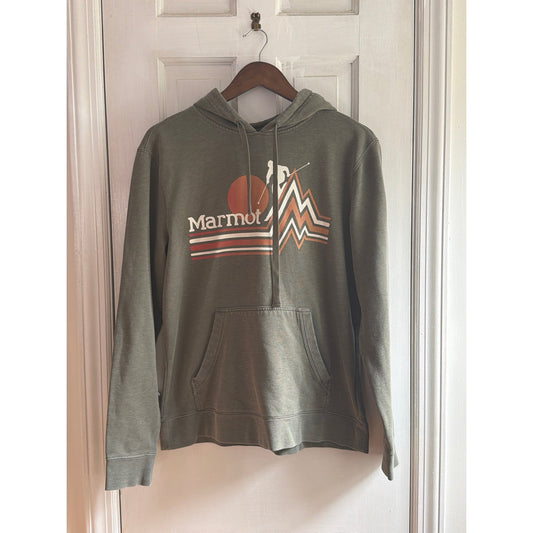 Marmot Vintage Ski Graphic Hoodie Mens Medium Olive Green Fleece Sweatshirt
