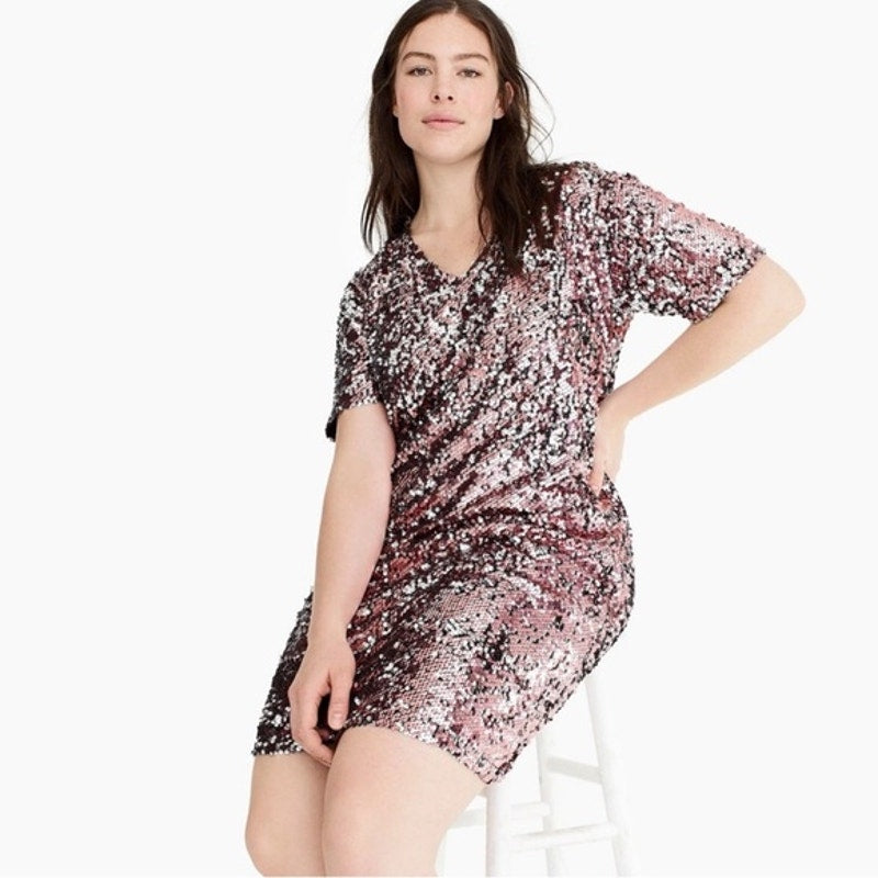 Universal Standard x J.Crew Sequin Dress Pink V-Neck Shift Mini NWT Medium Rare