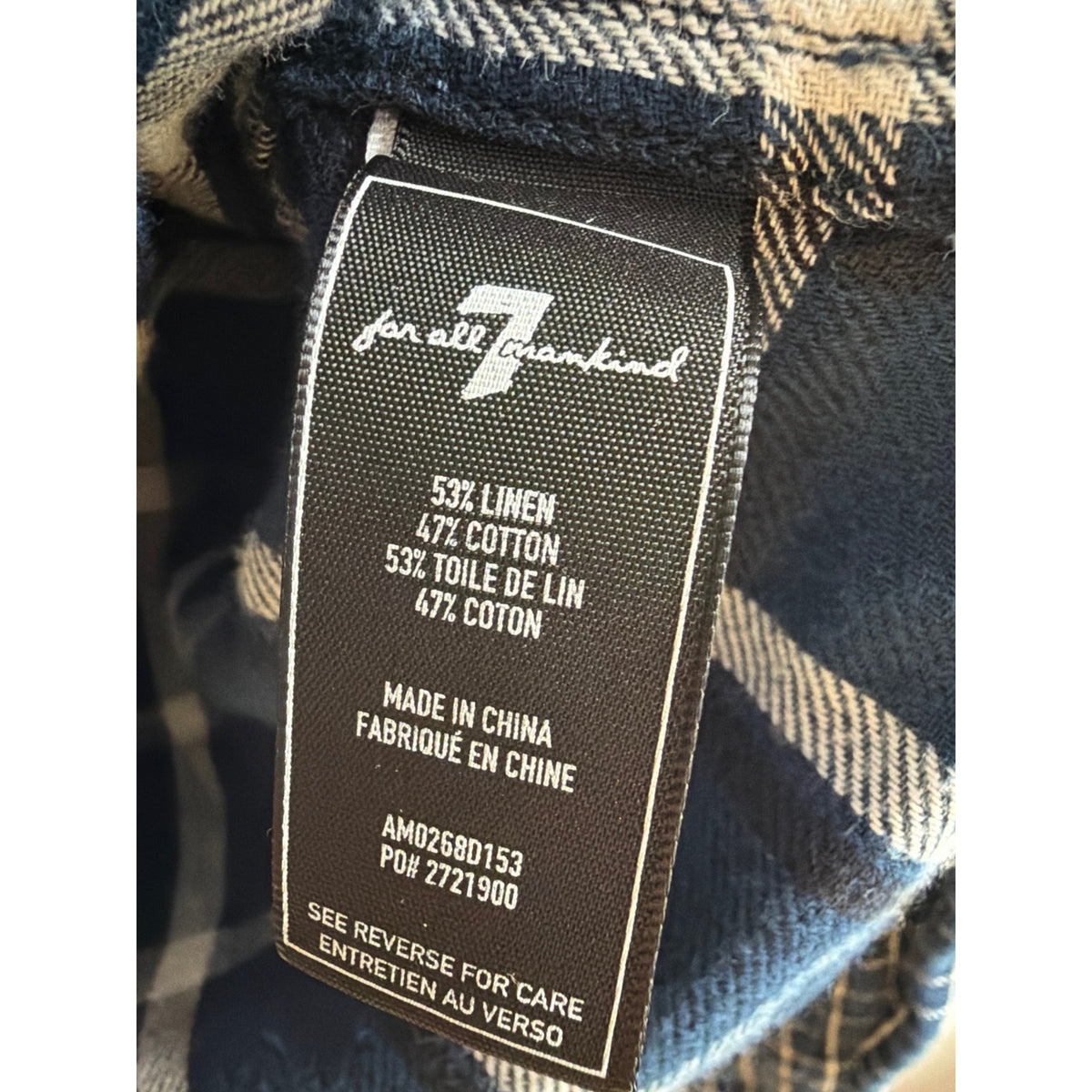 7 For All Mankind Blue Grid Plaid Linen Cotton Button Down Shirt Size L