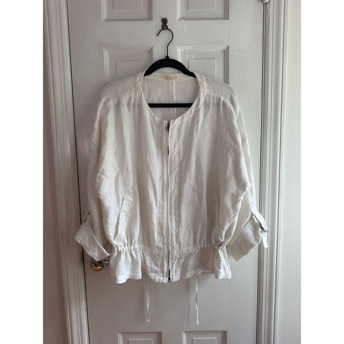 Eileen Fisher 100% Organic Linen Zip-Front Bomber Jacket - Size S White