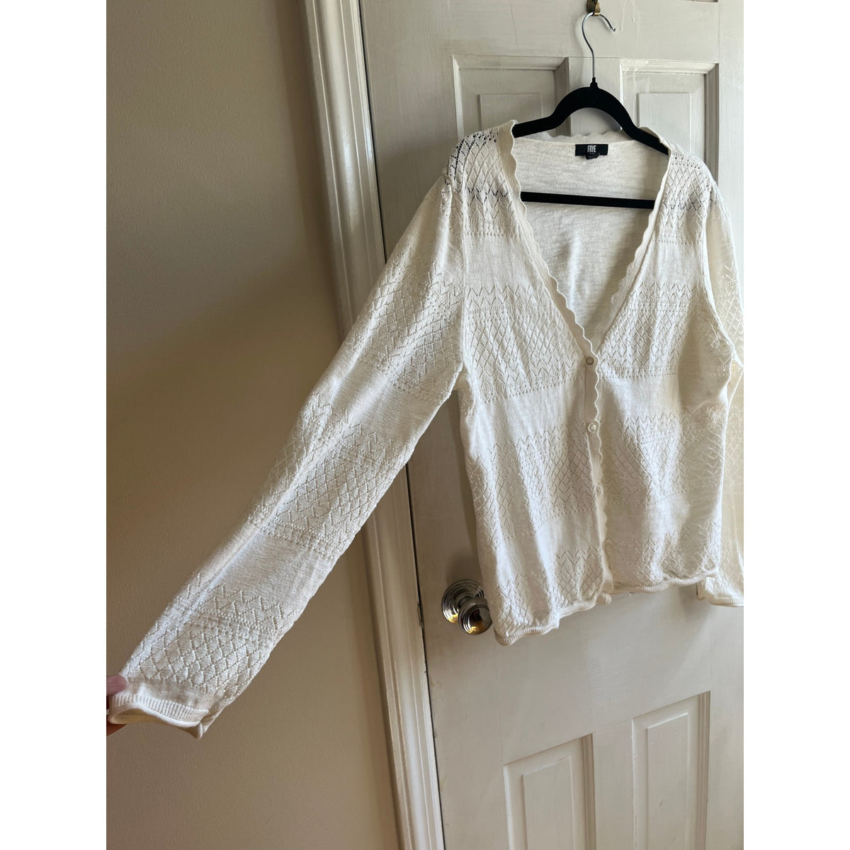Frye Cream White Pointelle Knit Cardigan - 100% Cotton Scalloped V-Neck Sweater - Sz L/XL