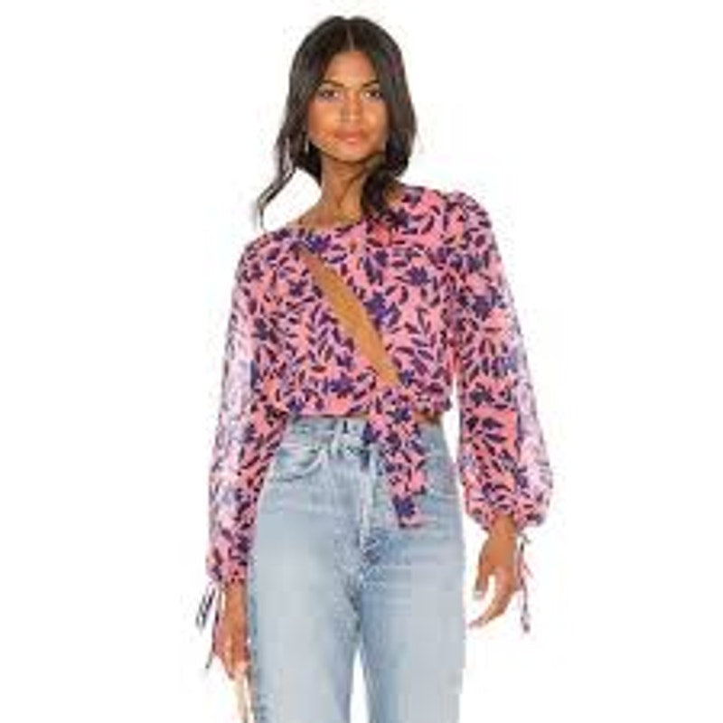 House of Harlow 1960 Ali Top Pink Blue Floral Tie Sleeve V-Neck Crop Medium