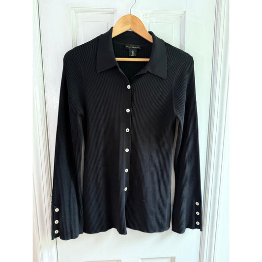House of Harlow 1960 Ribbed Knit Cardigan Top Womens Large Black Button Front L