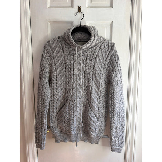 Aran Sweater Market Cable Knit Cowl Neck Hoodie Sweater Gray Small