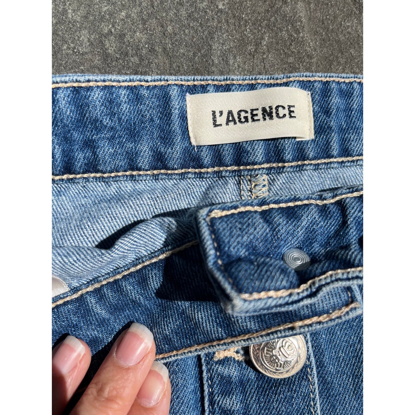L'Agence Kris Denim Mini Skirt Silver Button Front High Rise Sz 25 Sold Out