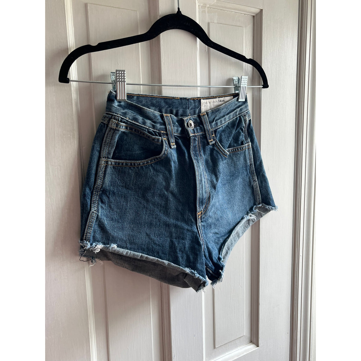 Rag & Bone High Rise Cut Off Denim Shorts Dark Indigo Sz 24