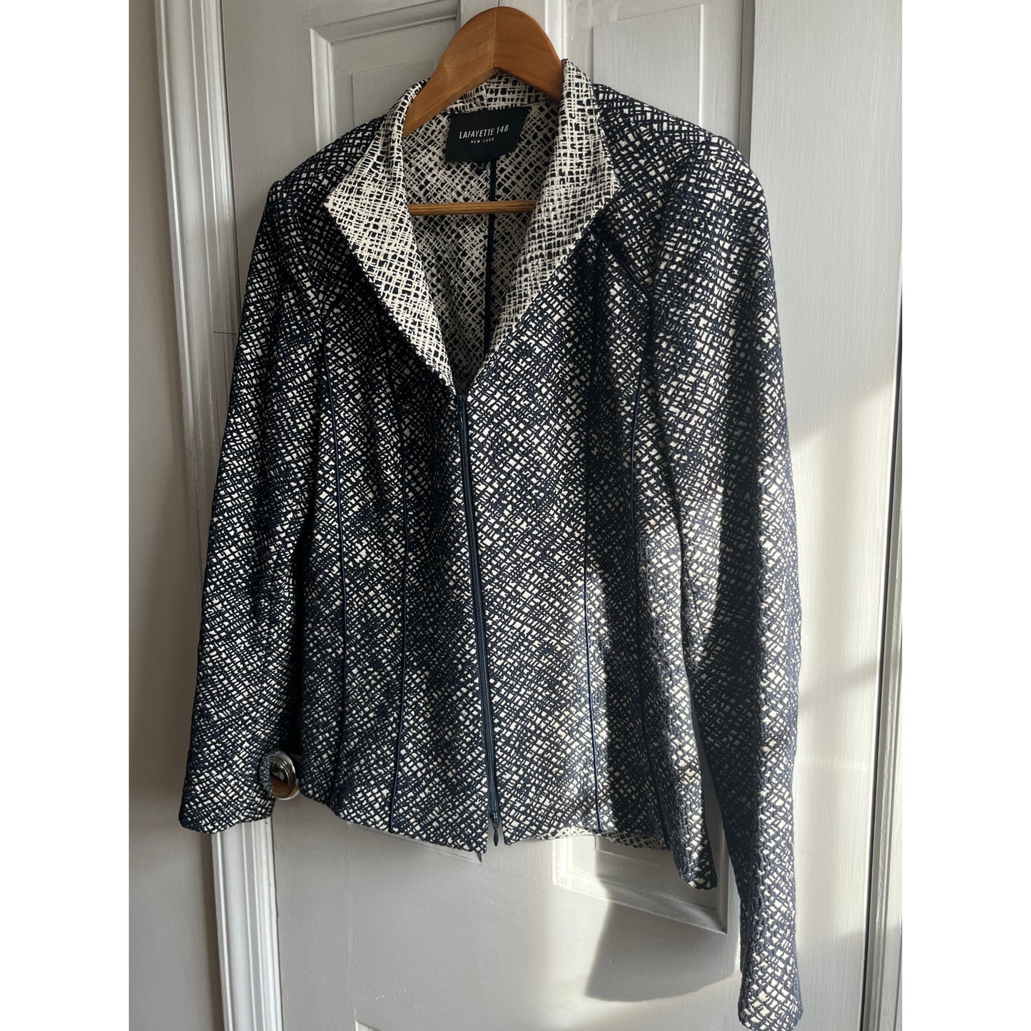 Lafayette 148 New York Textured Tweed Zip Blazer Jacket Black White Size 4
