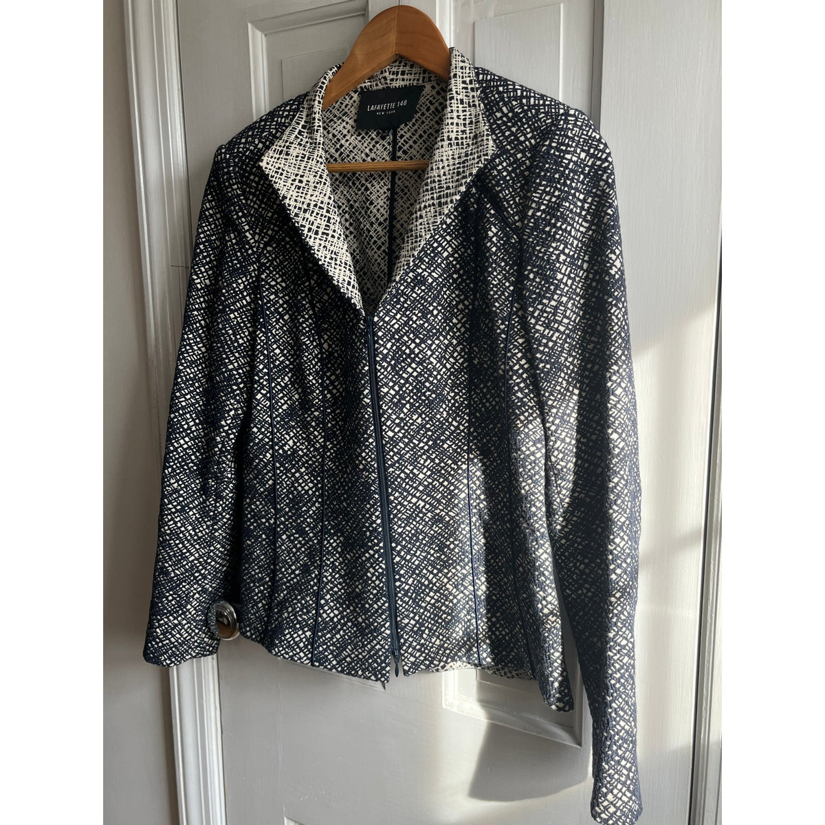 Lafayette 148 New York Textured Tweed Zip Blazer Jacket Black White Size 4