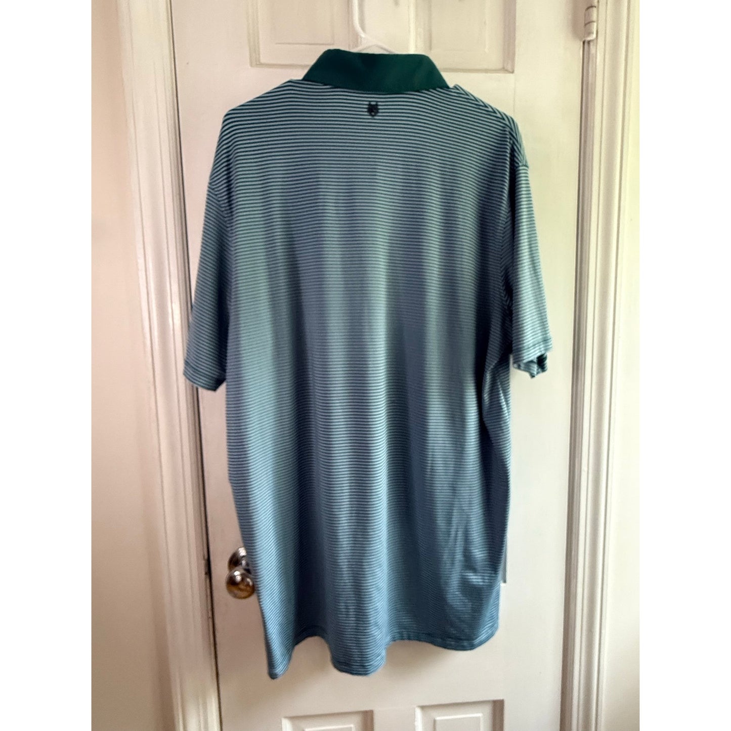 Greyson Cloistered Knight Logo Green Striped Golf Polo Shirt Size Large EUC