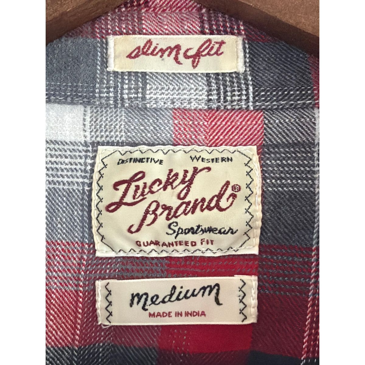 Lucky Brand Men's Slim Fit Long Sleeve Western Plaid Shirt - Red & Grey, Medium