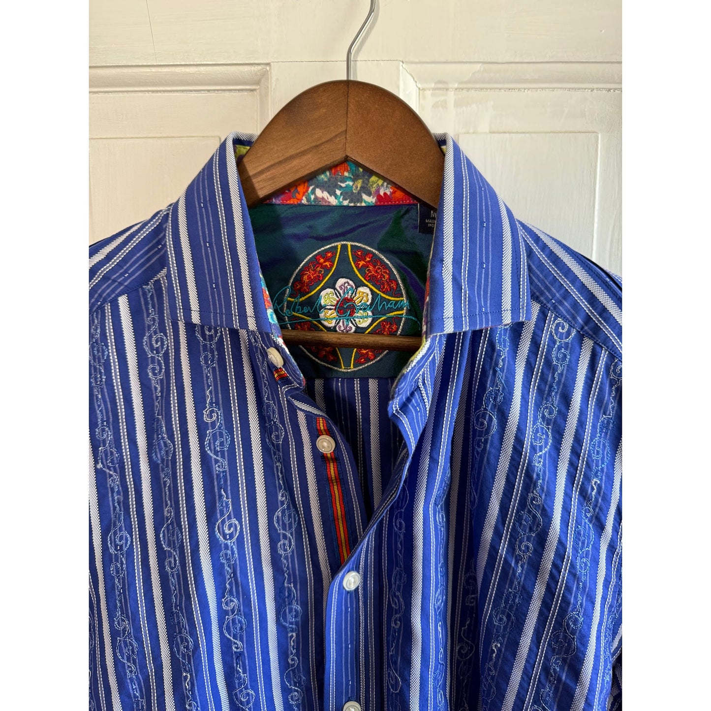 Robert Graham Blue & White Striped Woven Sport Shirt - Men's Size Medium - EUC