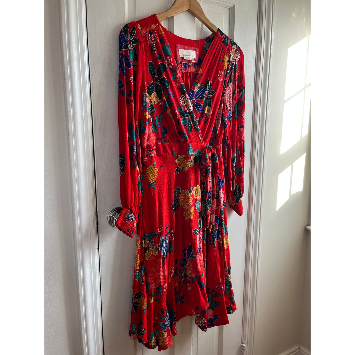 Anthropologie Boswell Textured Faux Wrap Floral Tunic Midi Dress Red 12P EUC