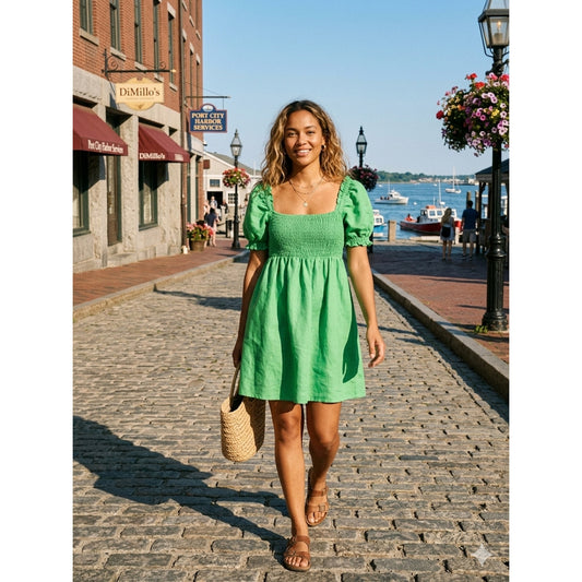 House of Harlow 1960 Kelly Green Linen Mini Dress - Puff Sleeve - Small - EUC