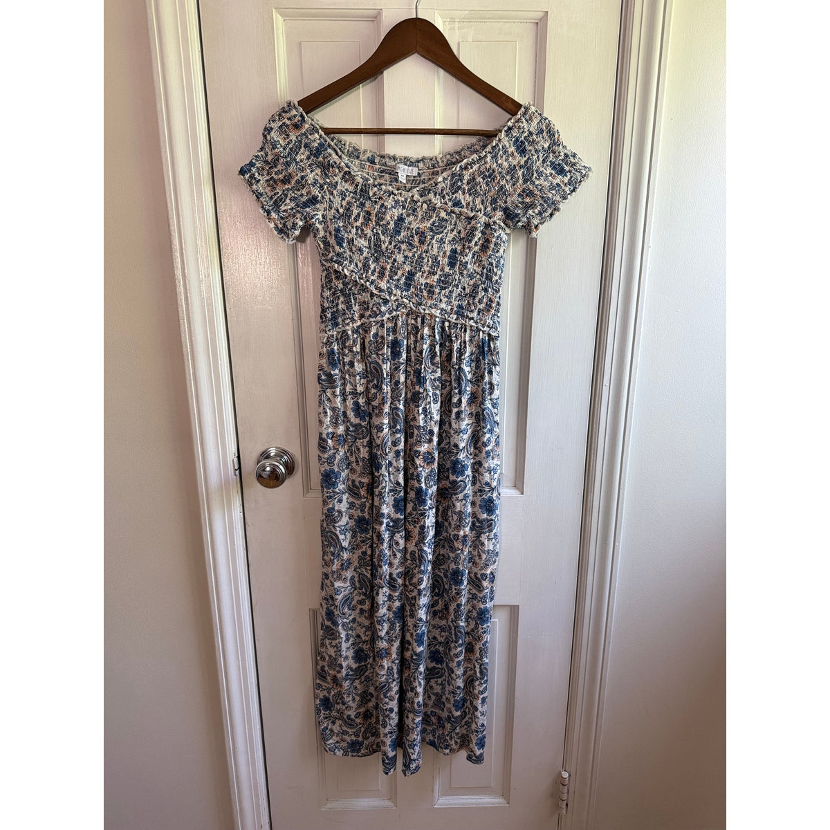 Patrons of Peace Blue Floral Smocked Wide Leg Jumpsuit XS EUC