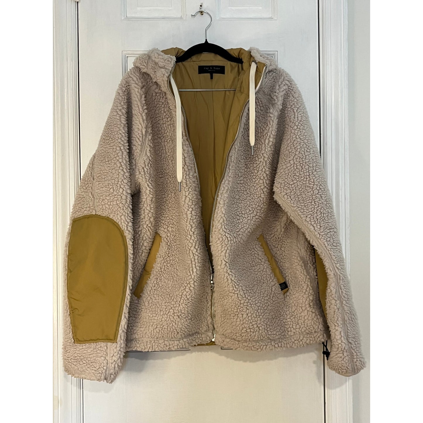 Rag & Bone Men’s Reversible Teddy Fleece Jacket | Tan Sherpa Hooded Parka | Large