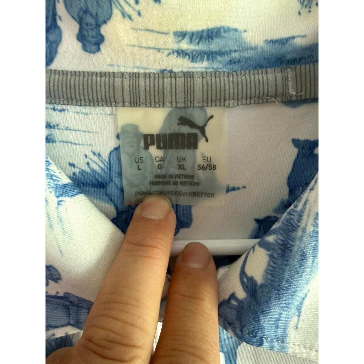 RARE Puma Golf Toile Scenic Landscape Pagoda Blue White Polo Shirt Men's Large