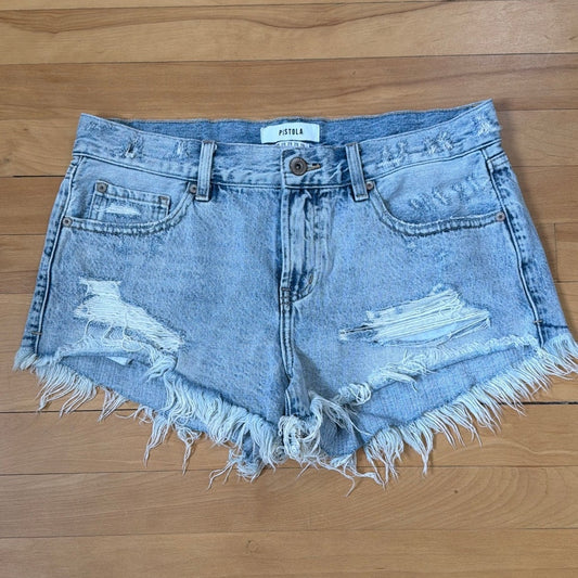 Pistola Jean Shorts 29 Light Wash Low Rise Distressed Frayed Raw Hem Denim EUC