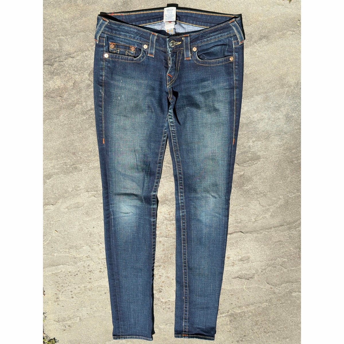 True Religion Skinny Low Rise Blue Jeans Size 28 Medium Wash Signature Stitch