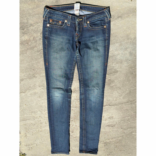 True Religion Skinny Low Rise Blue Jeans Size 28 Medium Wash Signature Stitch