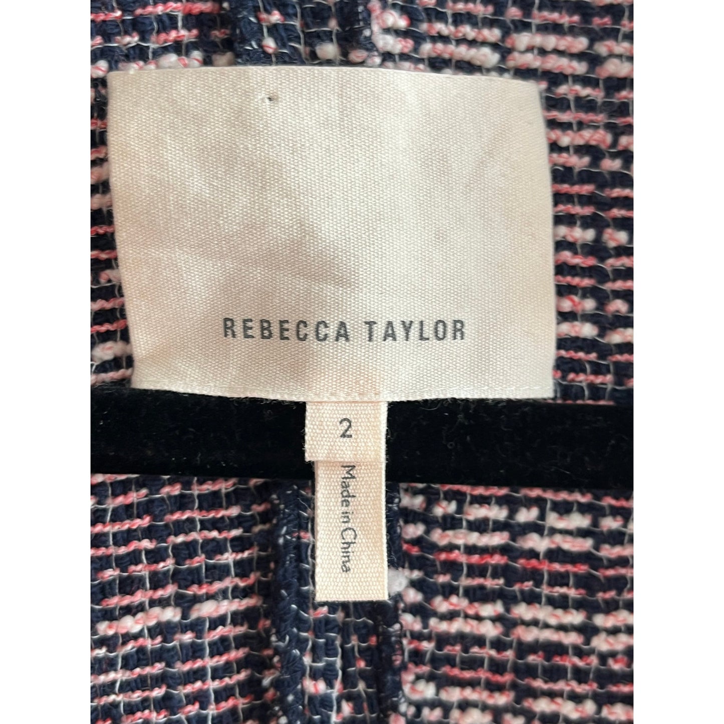 REBECCA TAYLOR Navy Blue Pink Tweed Cropped Blazer Frayed Fringe Trim | US 2