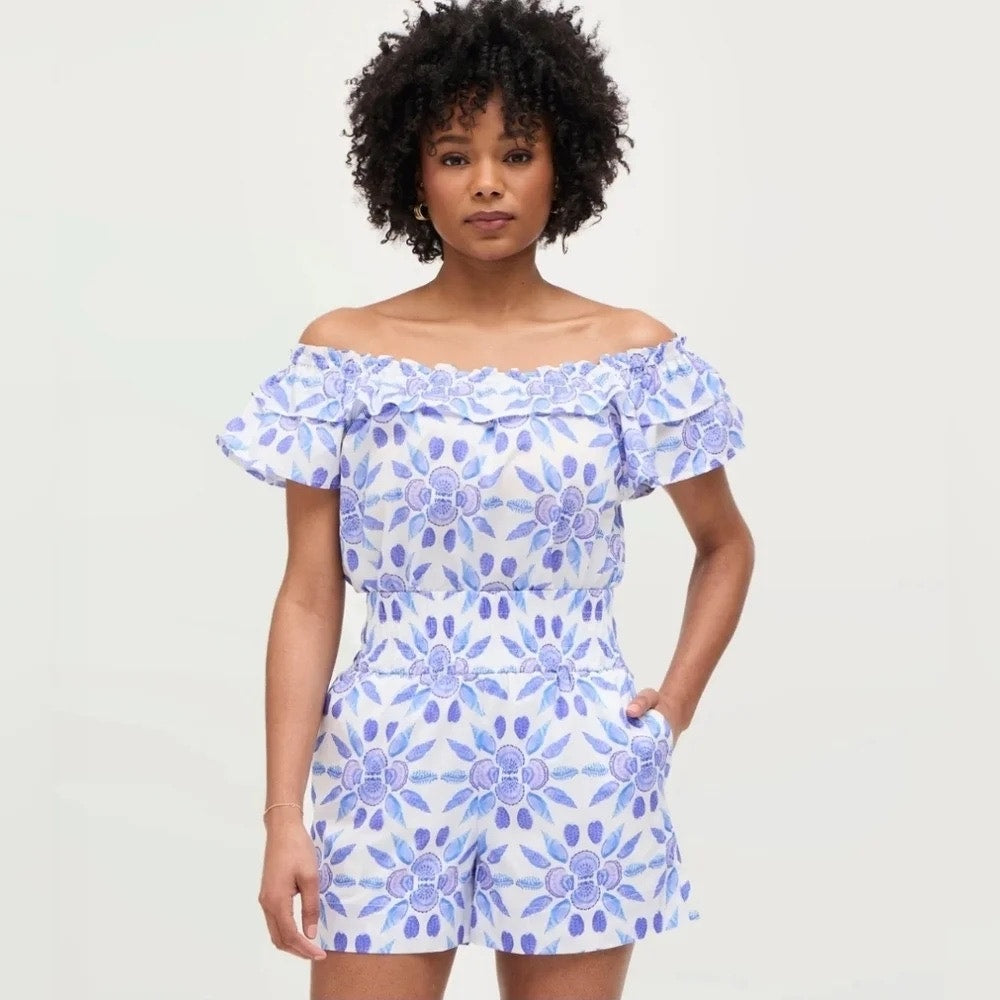 NWT Hill House The Augustine Top Blue Shell Mosaic Cotton Sz S Ruffle Smock