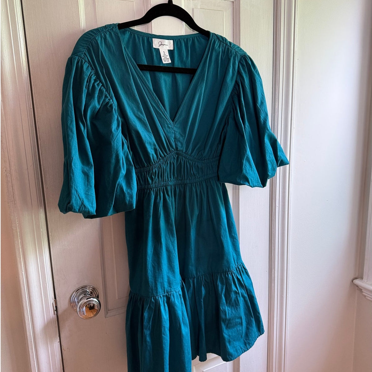 Japna Teal Green Puff Sleeve Tiered Mini Dress V-Neck Size Small EUC