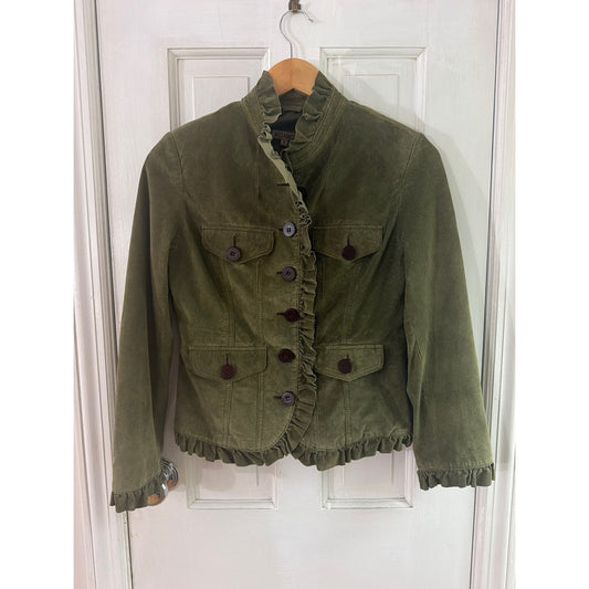 Vintage Marc Baxis Jacket Womens Small Green Genuine Suede Ruffle Trim Military