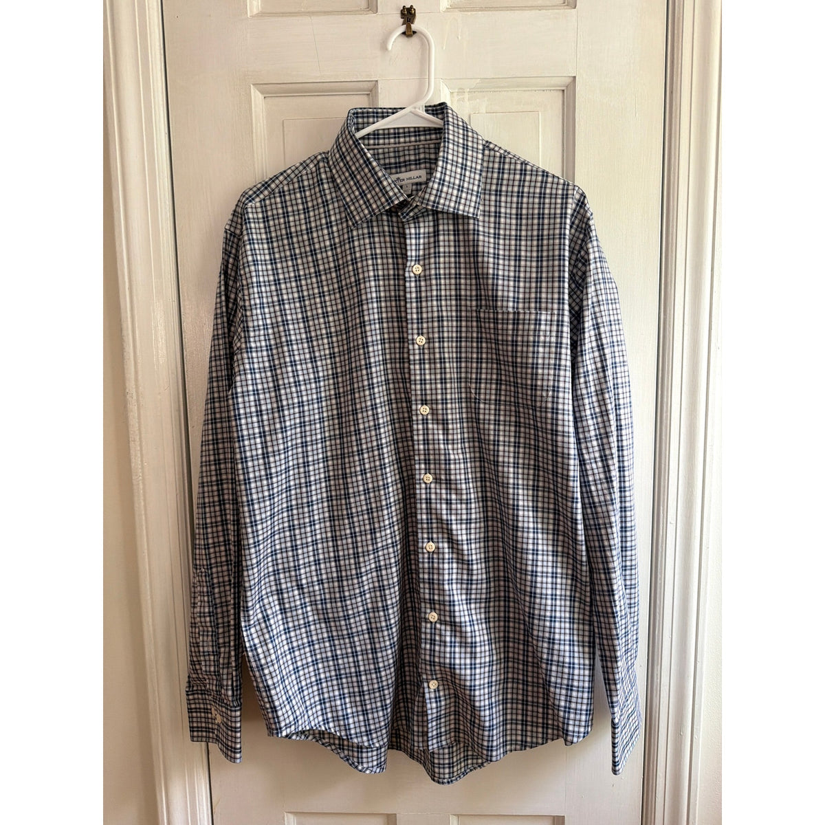 Peter Millar Men's Large Blue White Plaid Long Sleeve Button Up Shirt EUC