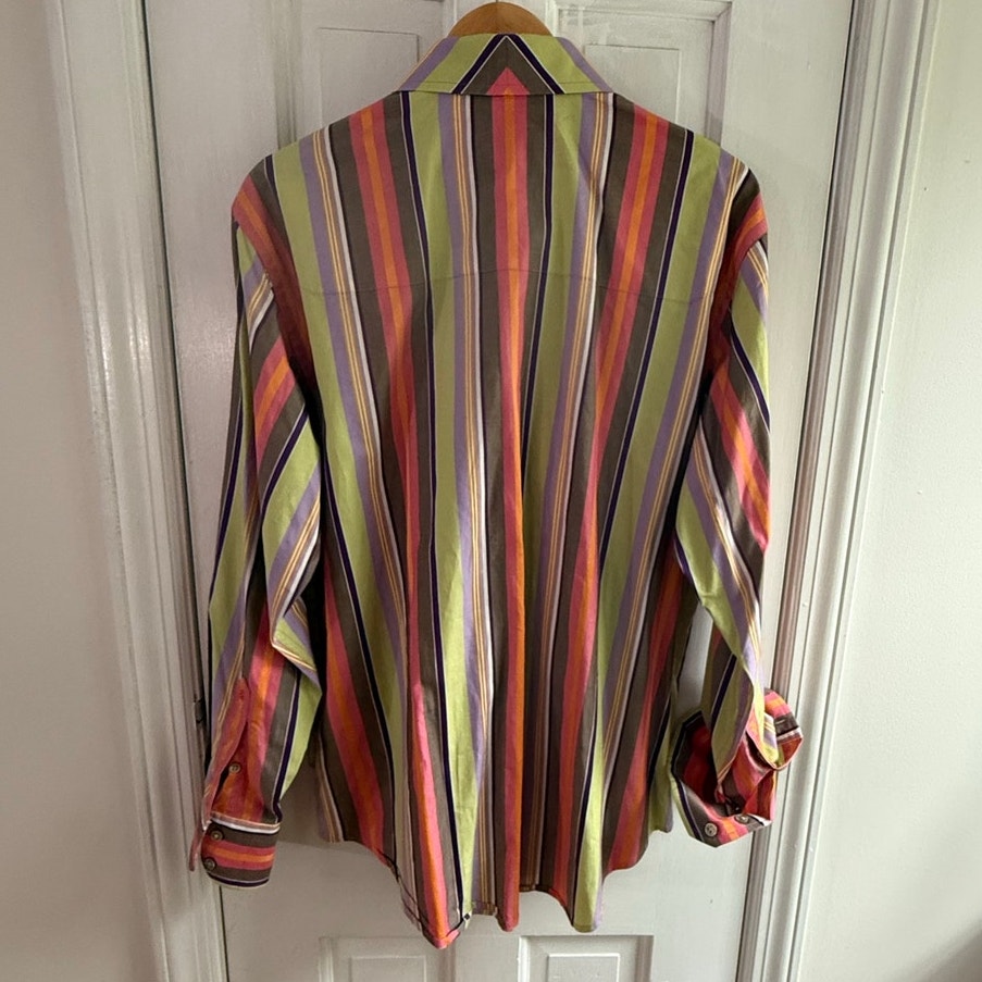 Robert Graham Shirt Mens Large Multi Stripe Embroidered Contrast Flip Cuff