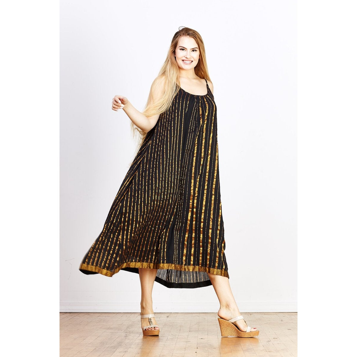 Aish Sultan Black & Gold Striped Slip Dress Maxi One Size OS Boho Luxury Lagenlook