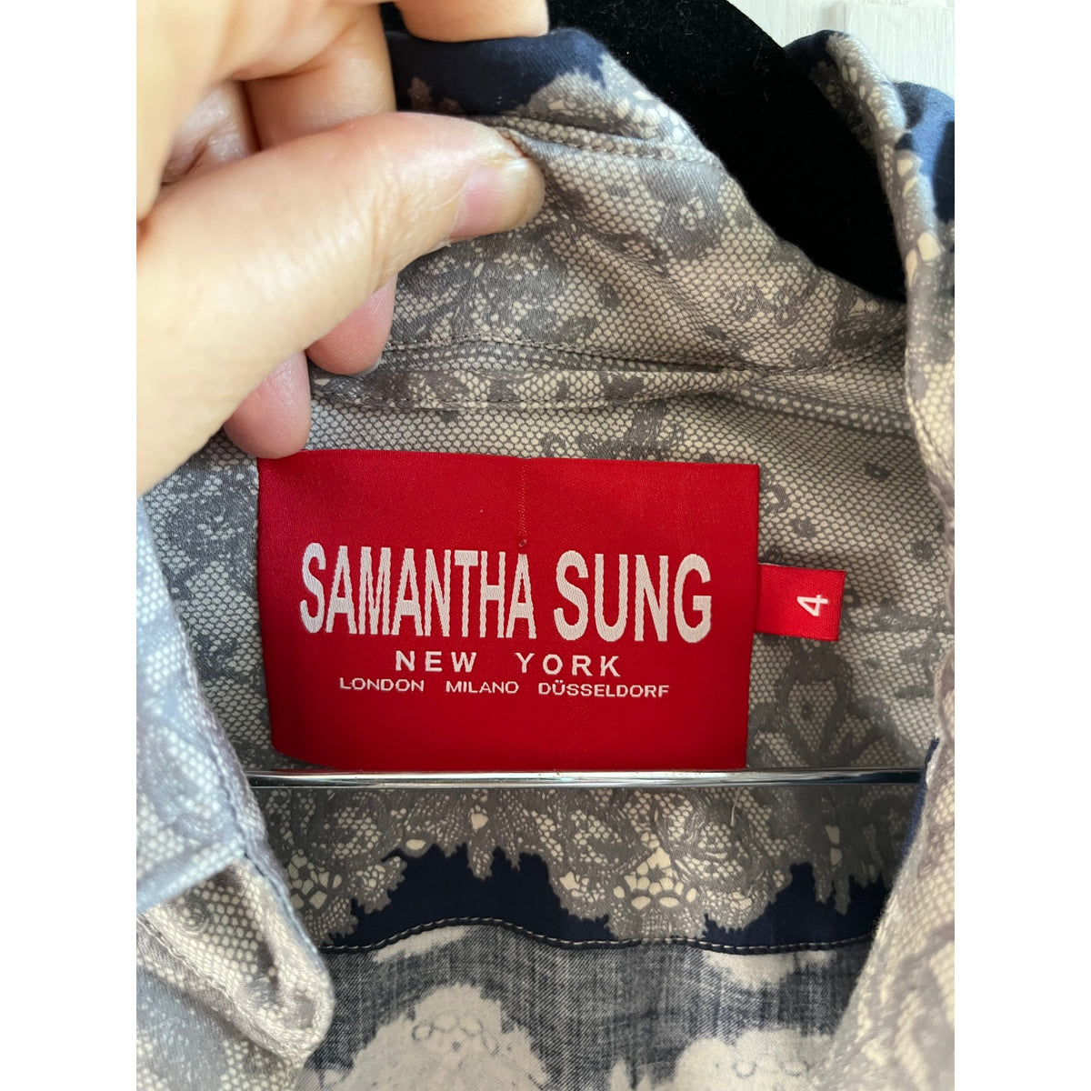 Samantha Sung Audrey Cotton Shirt Dress | Blue & Grey Lace Batik Print | Size 4