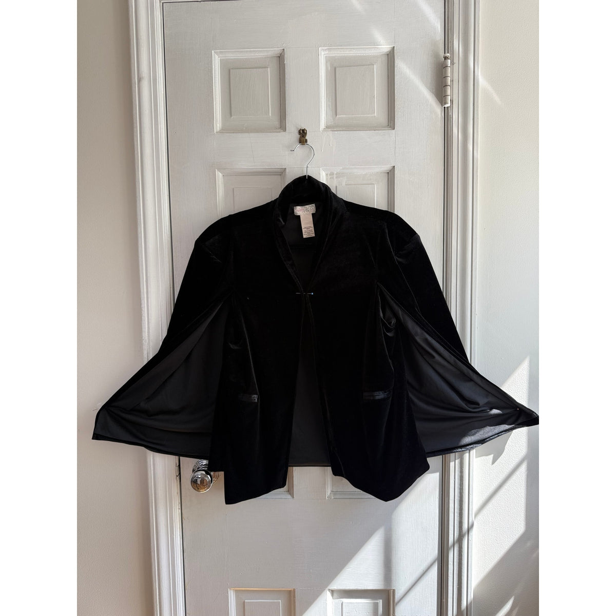 Free People Black Velvet Cape Vest One Size OS Open Front Drape Fringe EUC