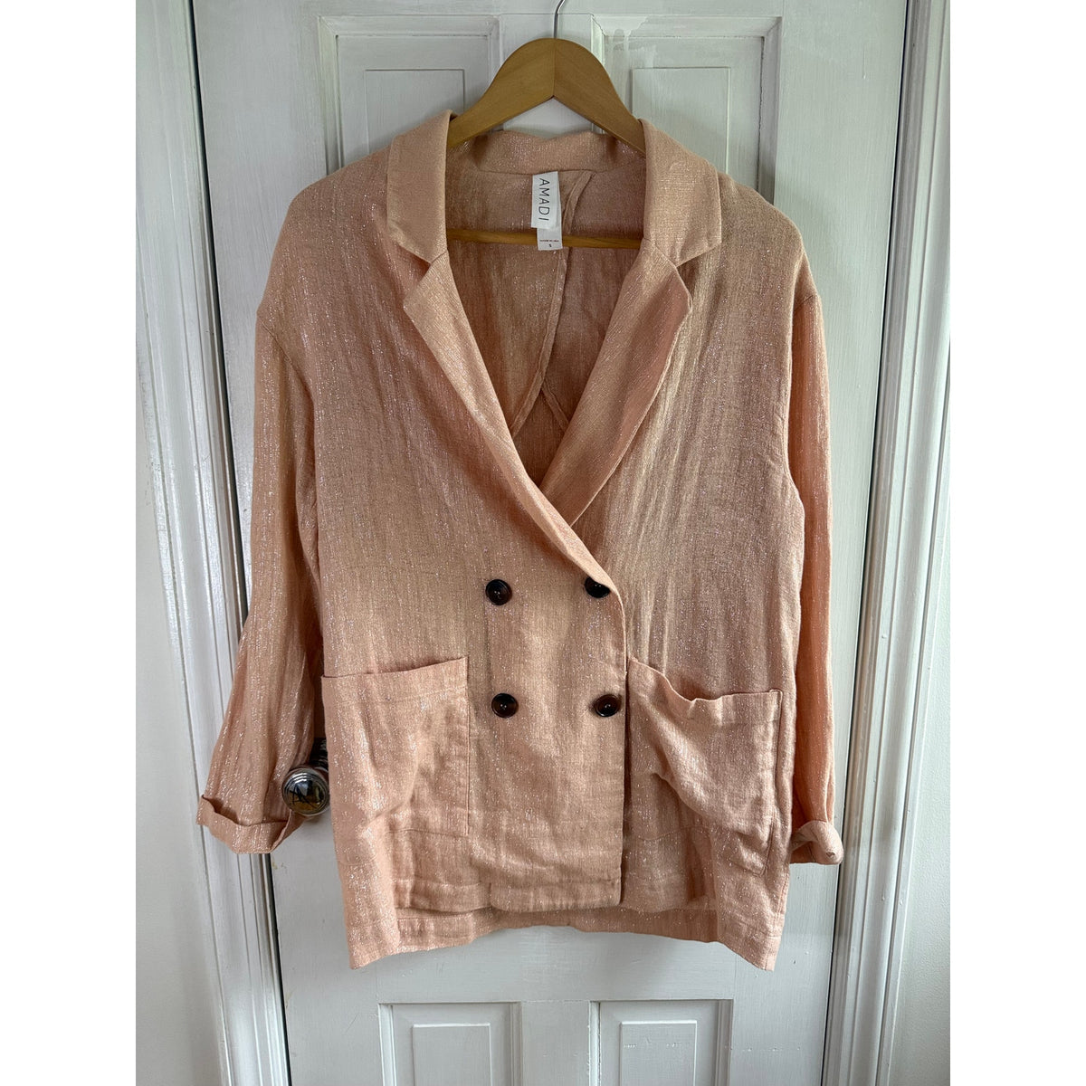 Amadi Peach Linen Blazer Small Double Breasted Shimmer Anthropologie