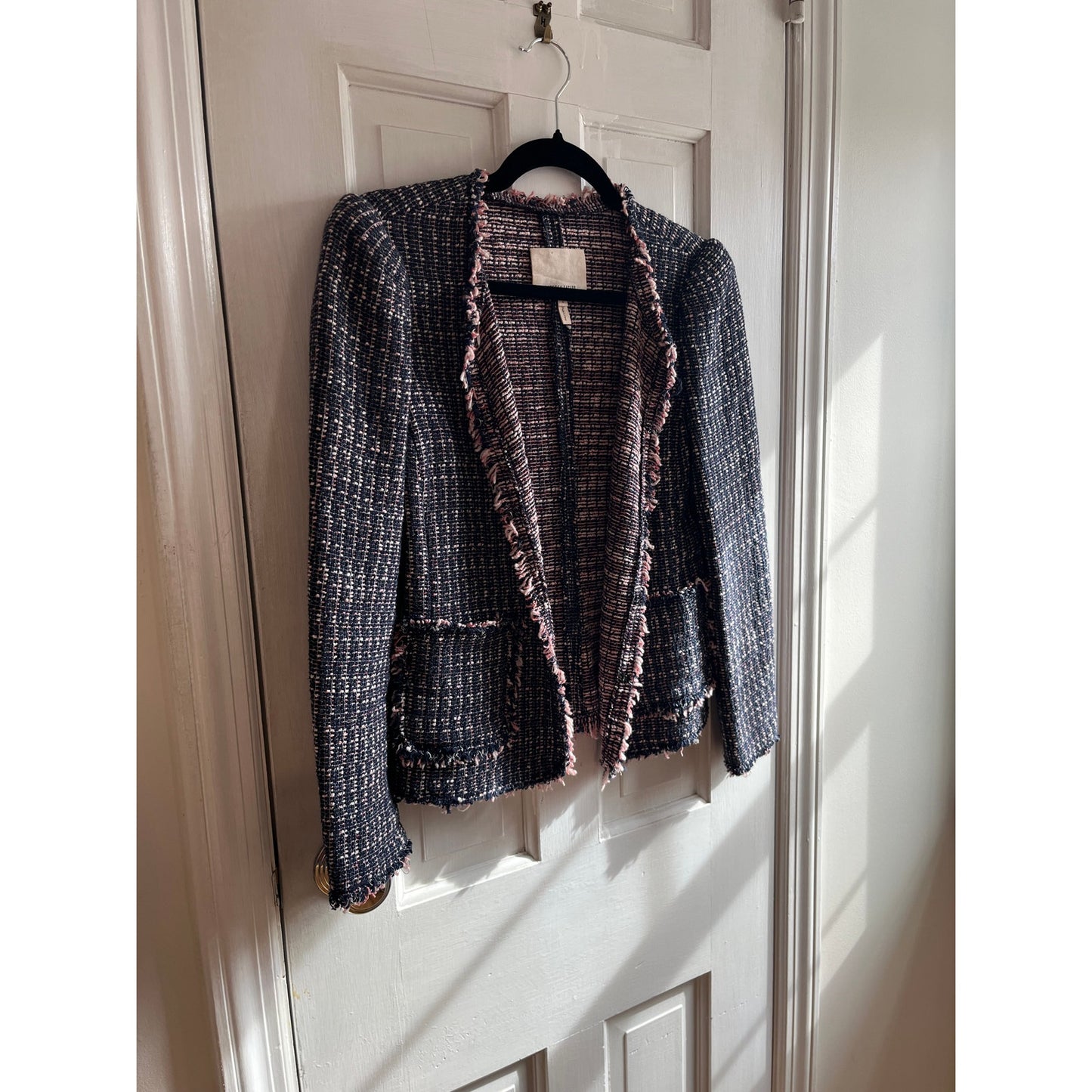REBECCA TAYLOR Navy Blue Pink Tweed Cropped Blazer Frayed Fringe Trim | US 2