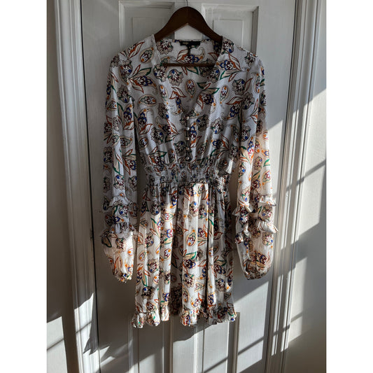 Maje White Floral Ruffle Mini Dress Tiered Bell Sleeve V-Neck Boho EU 38 US 6