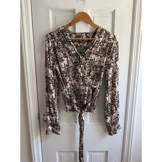 Anthropologie Black & Cream Paisley Long Sleeve Wrap Tie Blouse - Size M