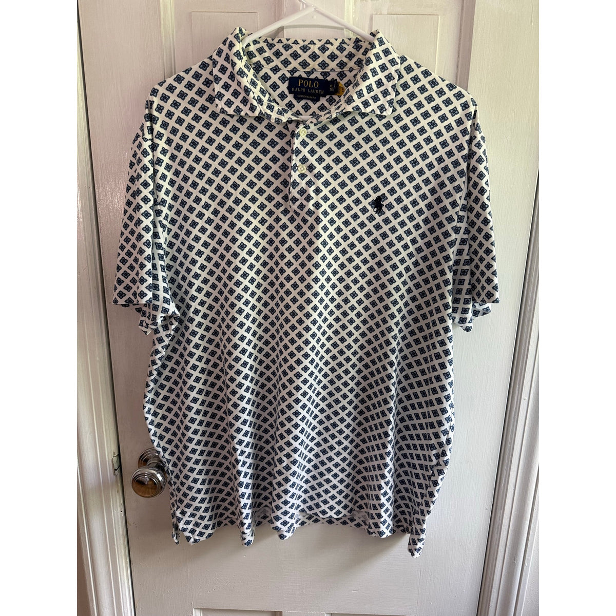 Rare Polo Ralph White with Blue Lucky Clover Pattern Polo Shirt Men's Navy Pony