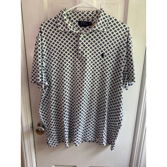 Rare Polo Ralph White with Blue Lucky Clover Pattern Polo Shirt Men's Navy Pony