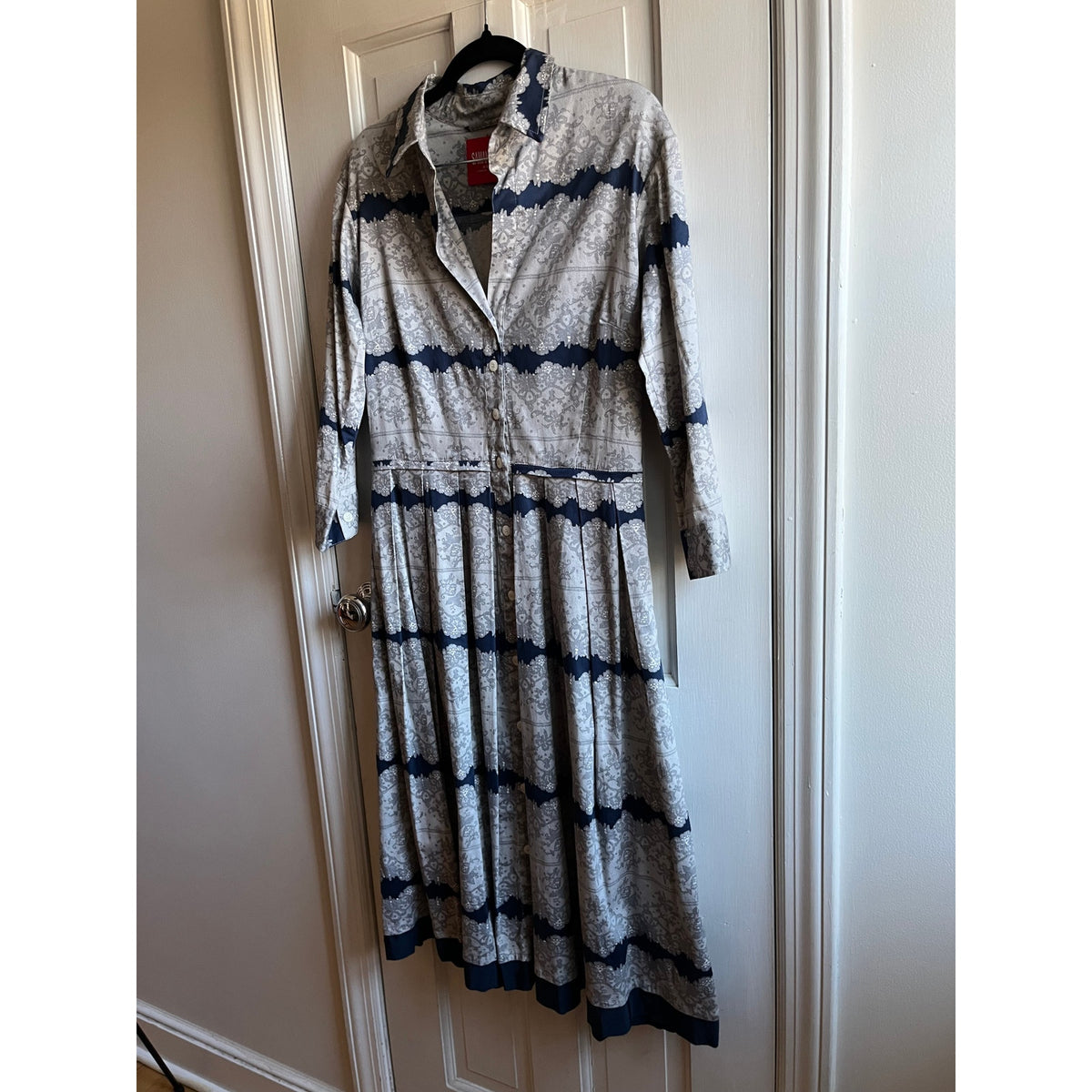 Samantha Sung Audrey Cotton Shirt Dress | Blue & Grey Lace Batik Print | Size 4