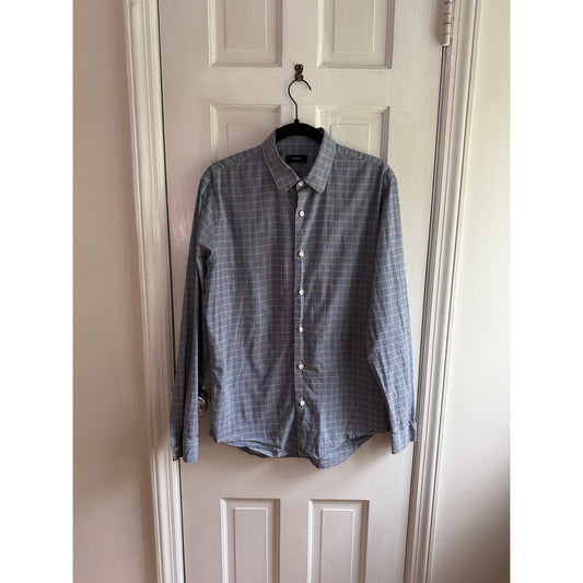 Theory Men's Clean Shirt Medium Marked Gingham Blue White Button Down EUC