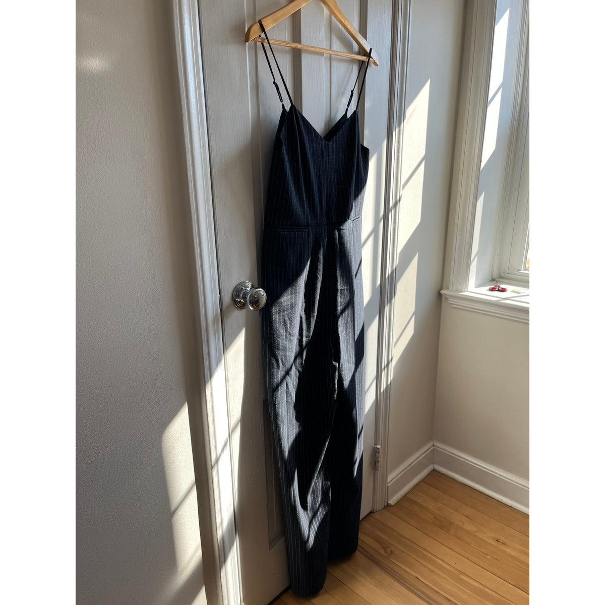 Anthropologie The Essential Pinstripe Jumpsuit Navy White Wide Leg Size 4