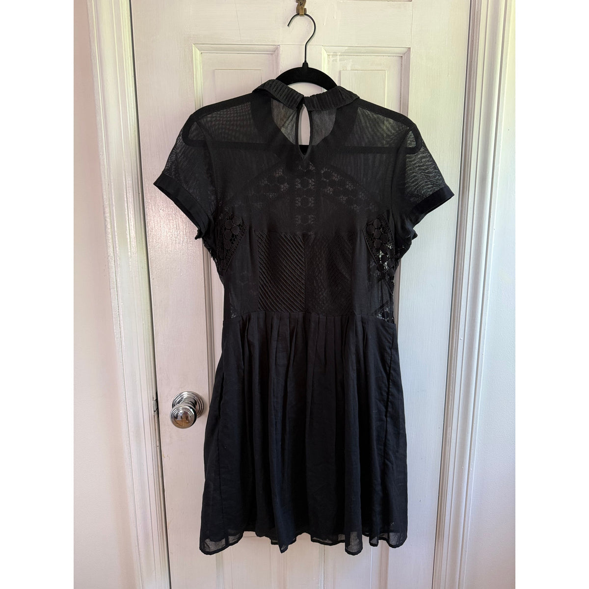 Free People All That Talk Black Lace Mesh Mini Dress 10 EUC Collared