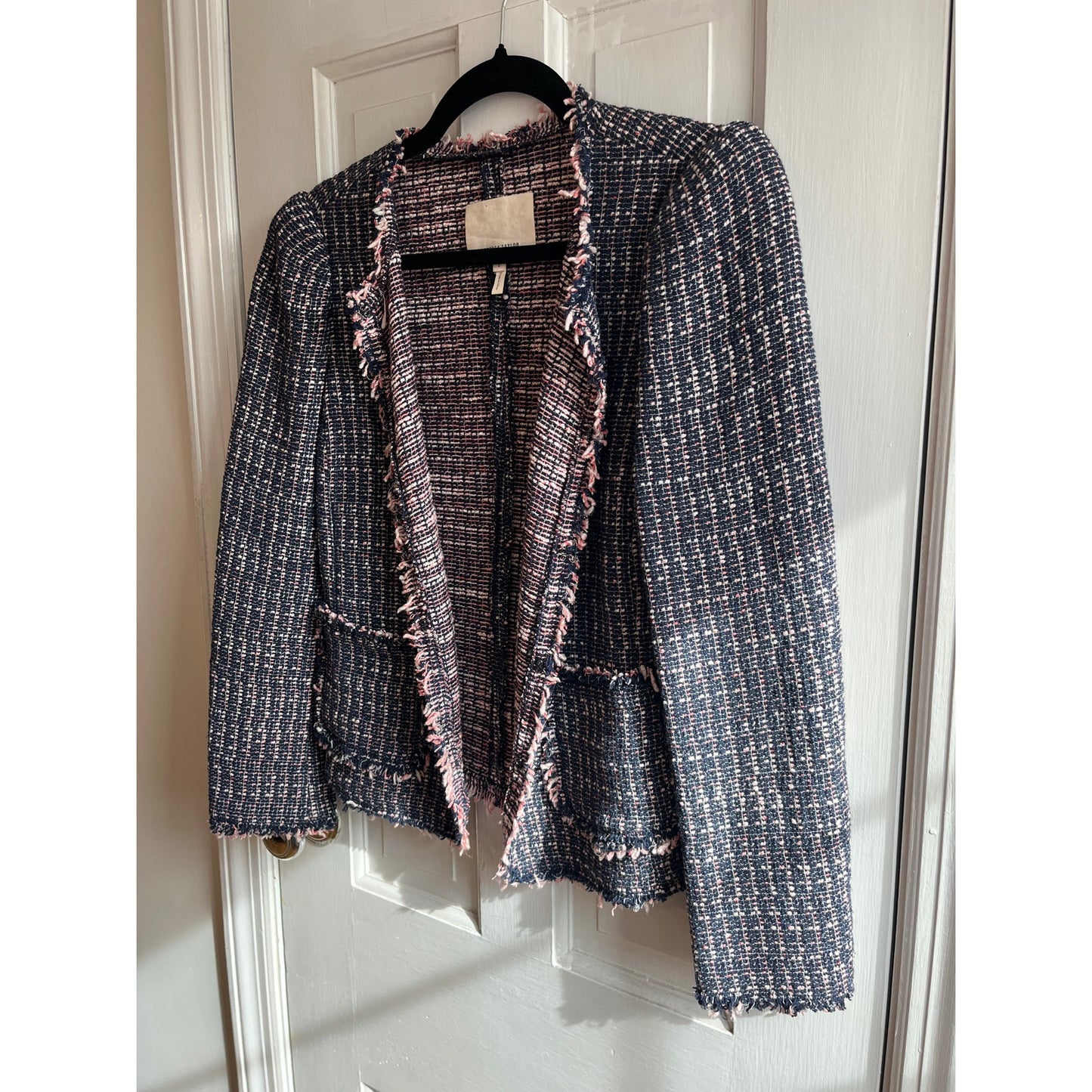 REBECCA TAYLOR Navy Blue Pink Tweed Cropped Blazer Frayed Fringe Trim | US 2