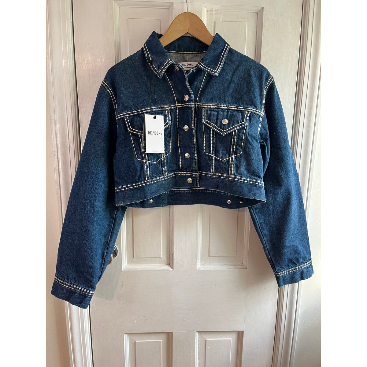 NWT RE/DONE Chunky Stitch Indigo Cropped Trucker Jacket S ✨ Street Holy Grail ✨