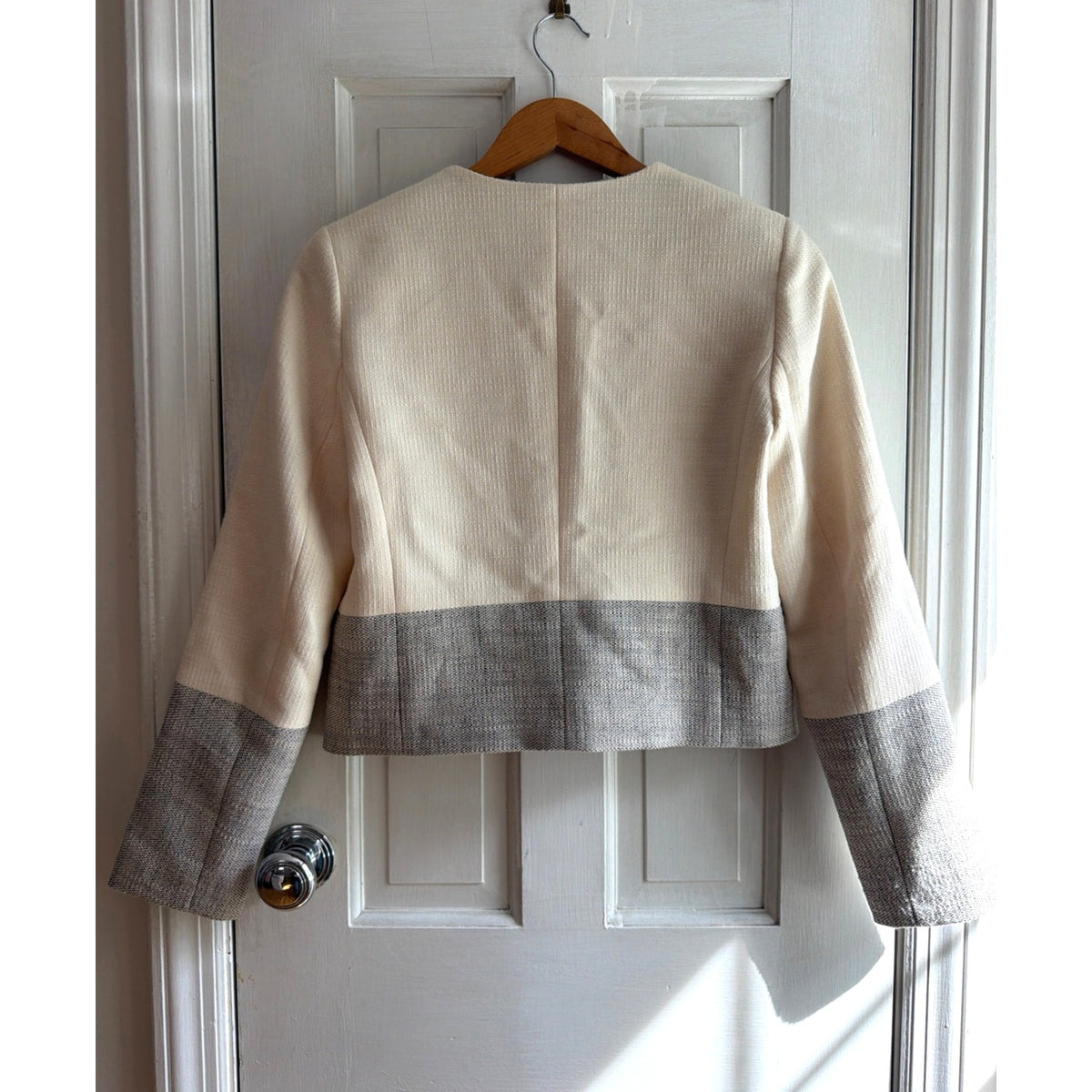 Club Monaco Womens Size 0 Cream & Grey Colorblock Collarless Tweed Jacket