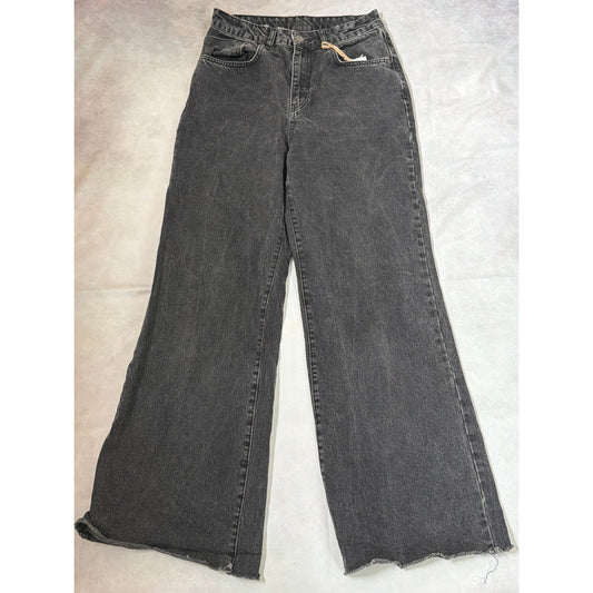 The Ragged Priest Size 28 Black Wide Leg High Rise Jeans Distressed Raw Hem